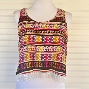 Colorful tribal, lace trimmed tank top